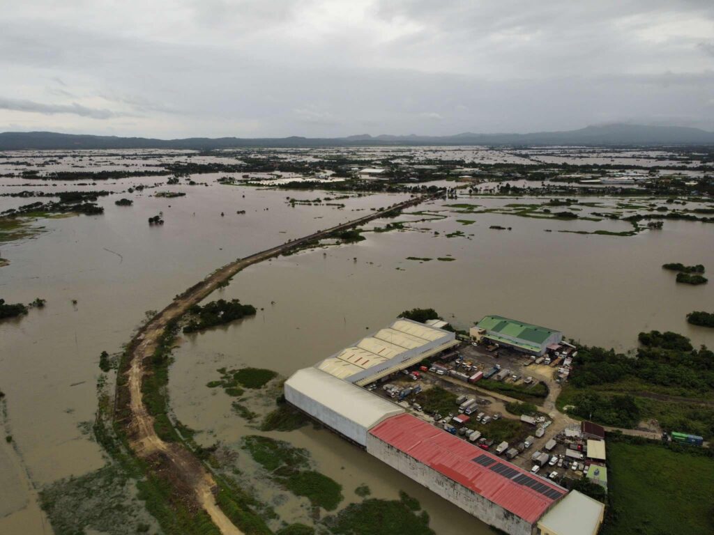 A drone shot of rice fields submerged in flood following the onslaught of Severe Tropical Storm Kristine (Tram) in Camarines Sur on Wednesday (Oct. 23, 2024). The Department of Agriculture has recorded P80.80 million worth of damage to agriculture in four regions, affecting 2,864 farmers. 