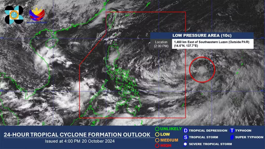 Pagasa: Rains on Monday over most parts of PH due to LPA's trough. Image is from the Philippine Atmospheric, Geophysical, and Astronomical Services Administration