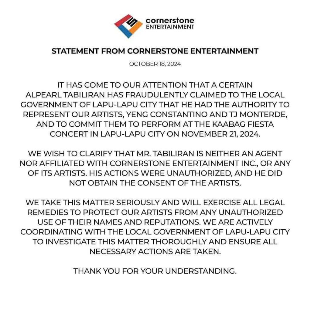 Cornerstone Entertainment denied the city's claim that Constantino and Monterde had committed to perform at the event.