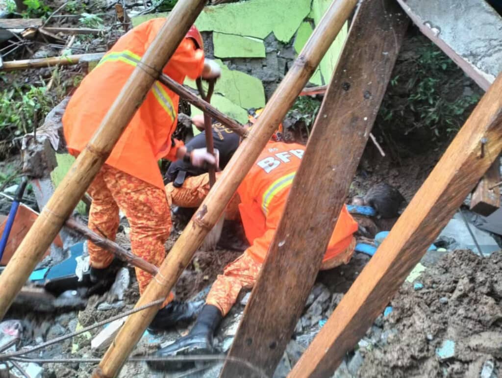 Kristine leaves over 20 dead in Bicol. In Guinobatan town, rescuers race against time to find two people buried in a landslide at Sitio Libas, Barangay Maguiron. BUREAU OF FIRE PROTECTION-GUINOBATAN