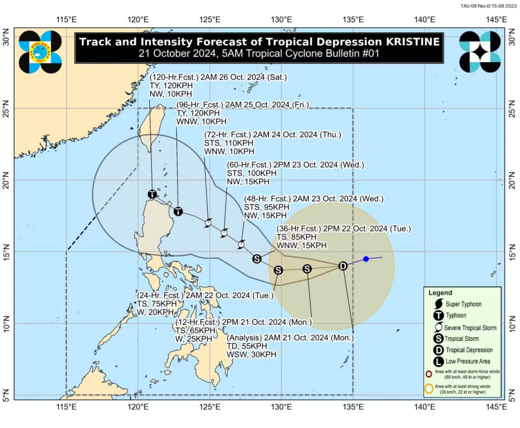 Forecast track and intensification of Tropical Depression Kristine, which entered the Philippine area of responsibility (PAR) early Monday morning, October 21, 2024. Kristine is forecast to develop into a typhoon before landfall over Northern Luzon towards the weekend. Photo from Pagasa