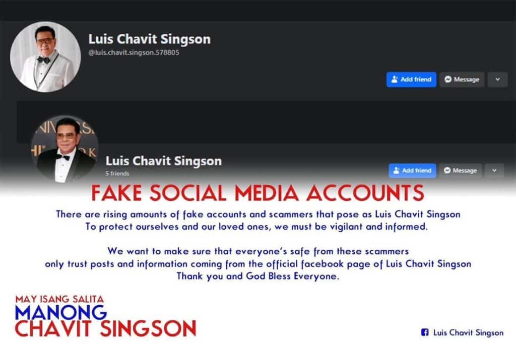 Public warned about fake Chavit Singson social media accounts