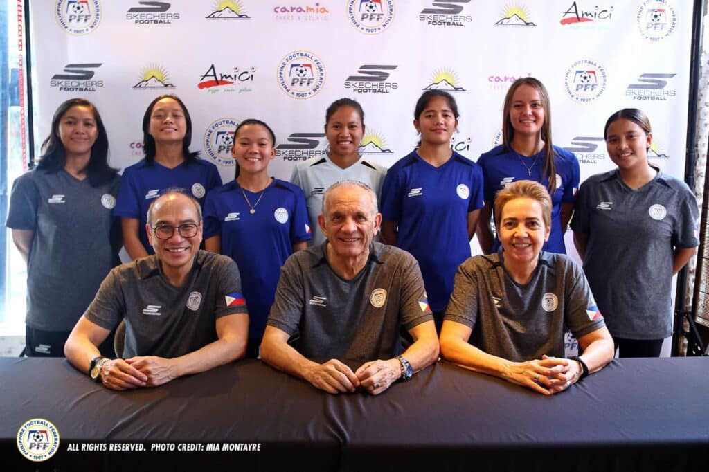 Philippine women's futsal team players and coaching staff pose for a group photo in a recent presser for the ASEAN Women's Futsal Championships 2024. | Photo from the PFF