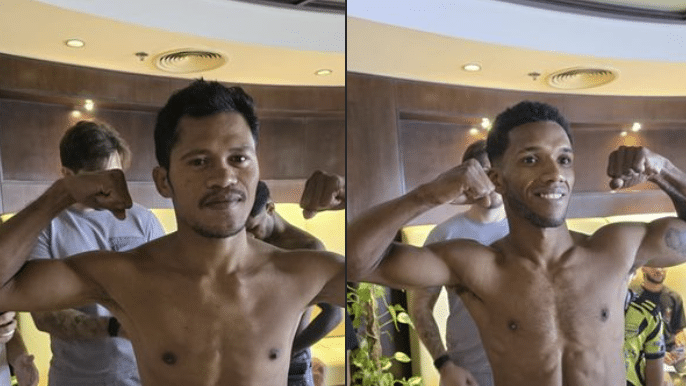 Boxing: Saludar, Flores clear weigh-in for WBA title bout in Dubai. Froilan Saludar (left) and Williams Flores (right) during the weigh-in. | Photos from Sanman Boxing