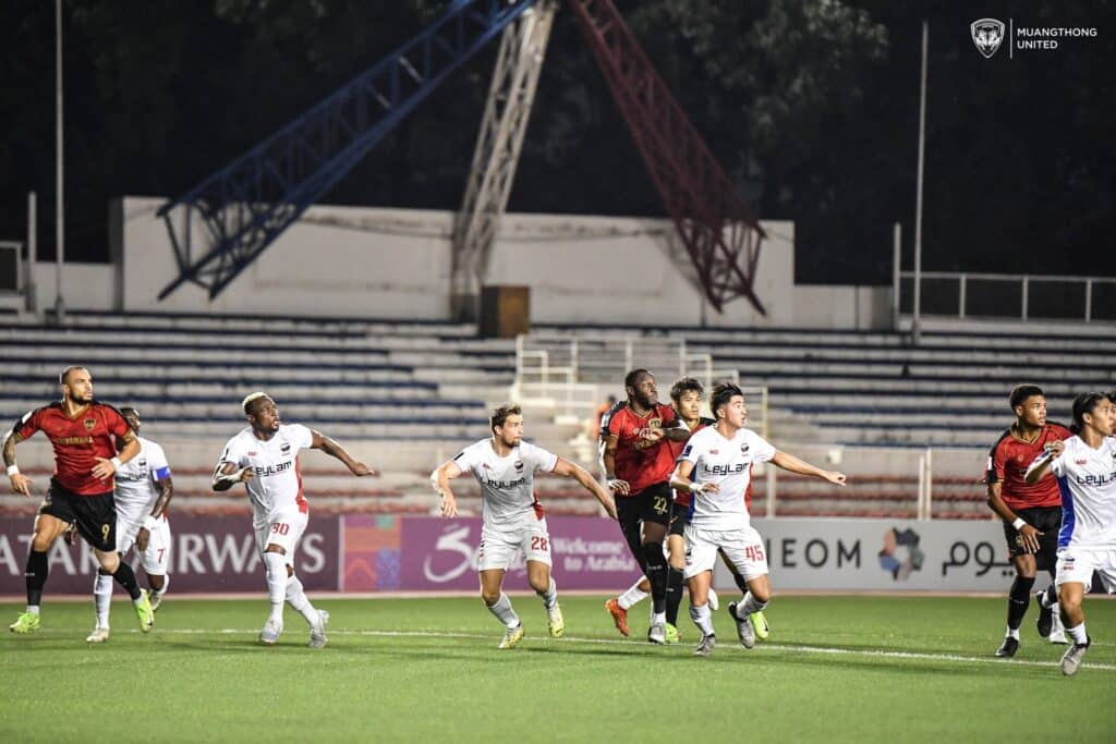 Cebu FC players (in white jersey) and Muangthong United FC (red jersey) scramble for ball possession during their AFC Champions League 2 match. | Photo from Muangthong United FC Facebook page