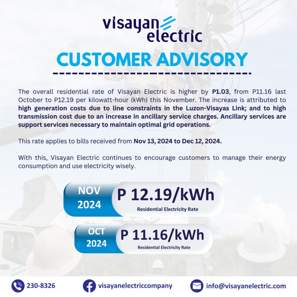 Visayan Electric Update: Residential rate up by P1.03/kWh for Nov-Dec billing