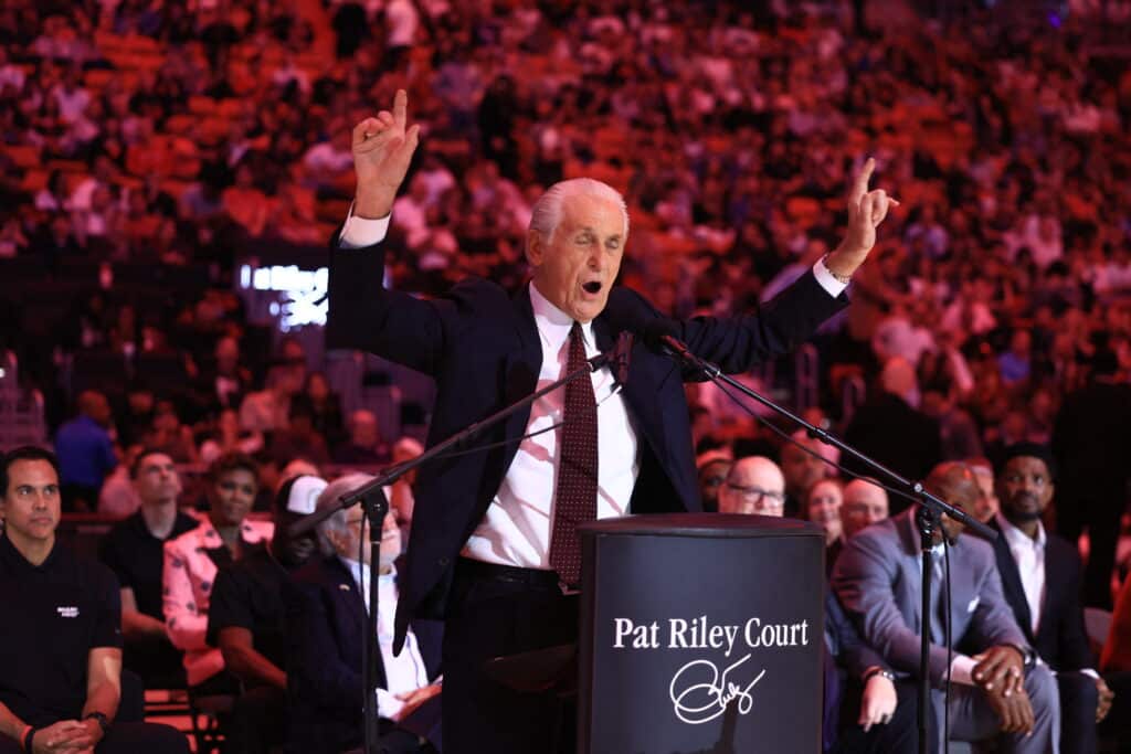 Pat Riley speaks during a ceremony celebrating his court dedication at Kaseya Center on October 23, 2024 in Miami, Florida. | Photo by Carmen Mandato / Getty Images via AFP