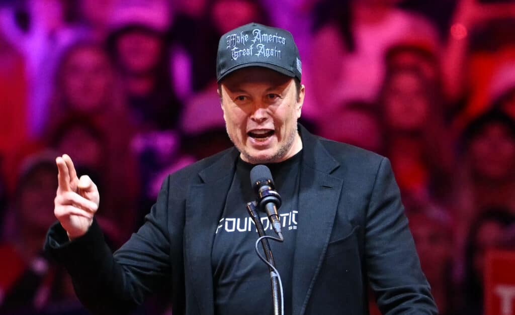 Tesla and SpaceX CEO Elon Musk speaks at a rally for former US President and Republican presidential candidate Donald Trump at Madison Square Garden in New York, October 27, 2024. (Photo by ANGELA WEISS / AFP)