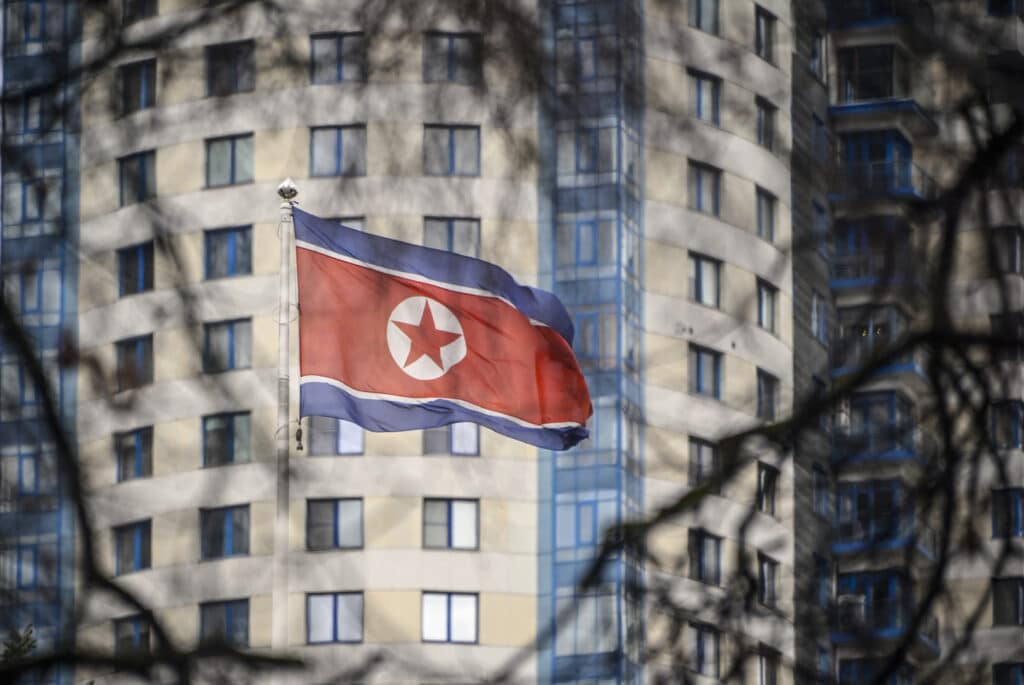 A North Korean flag flies over its embassy in Moscow on October 31, 2024. | Photo by Alexander NEMENOV / AFP