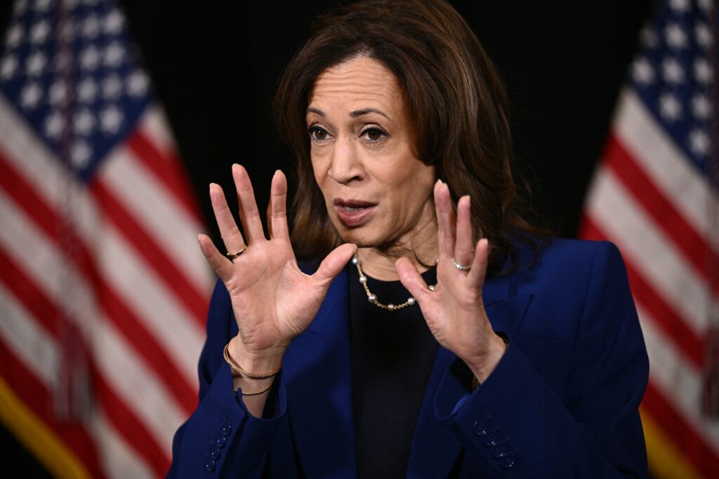 Democratic presidential nominee, US Vice President Kamala Harris speaks to members of the media before leaving her hotel in Madison, Wisconsin on October 31, 2024. | Photo by Brendan SMIALOWSKI / AFP