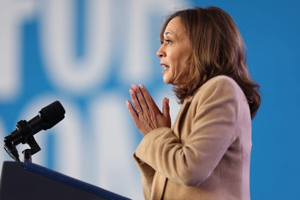 Harris. US Vice President and Democratic presidential candidate Kamala Harris speaks during a campaign rally in Charlotte, North Carolina, on November 2, 2024. | Photo by CHARLY TRIBALLEAU / AFP