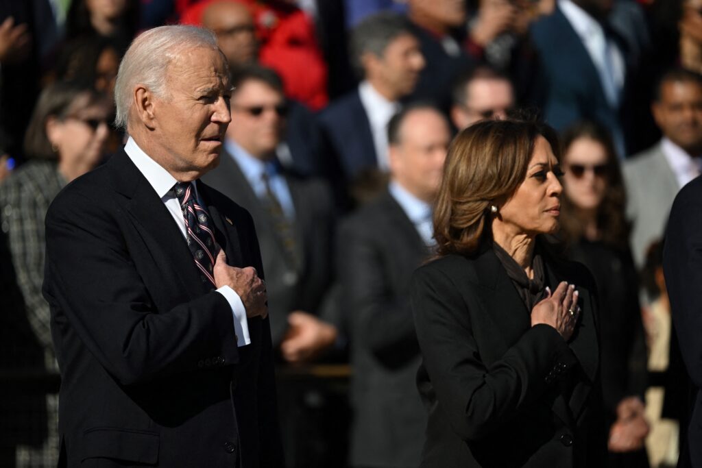 Harris appears with Biden for first time since election loss. US President Joe Biden (left) and Vice President Kamala Harris stand at attention during a wreath-laying ceremony at The Tomb of the Unknown Soldier at Arlington National Cemetery to mark Veterans' Day on November 11, 2024 in Arlington, Virginia. (Photo by ANDREW CABALLERO-REYNOLDS / AFP)