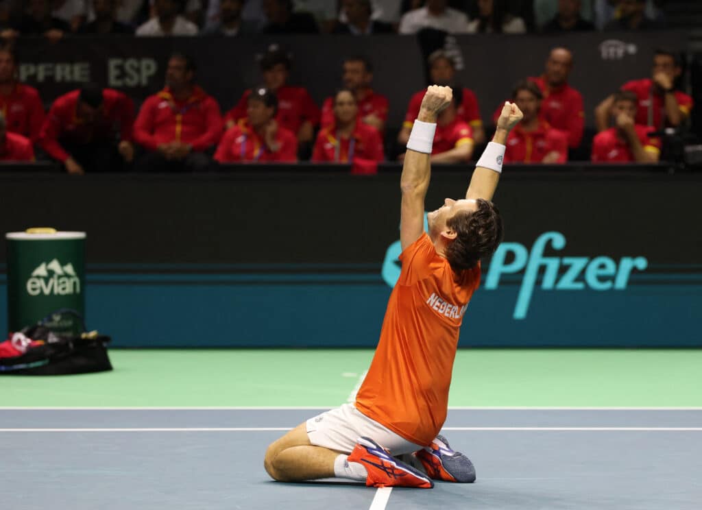 Netherlands' Wesley Koolhof celebrates victory at the end of the quarter-final doubles match between Netherlands and Spain during the Davis Cup Finals at the Palacio de Deportes Jose Maria Martin Carpena arena in Malaga, southern Spain, on November 19, 2024. | Photo by Thomas COEX / AFP