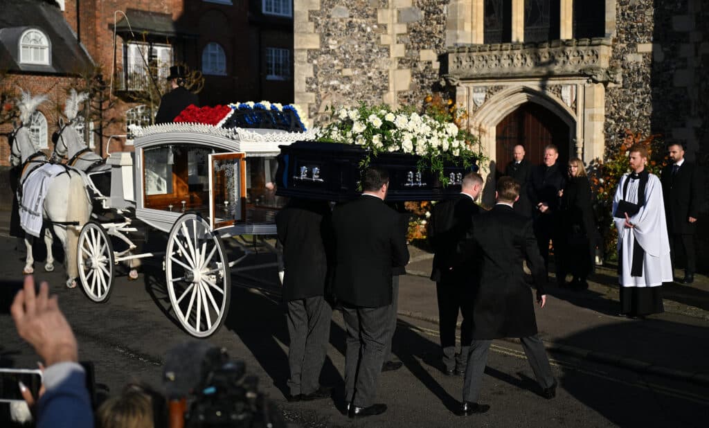 Painful reunion for 1D at Liam Payne's funeral. Pallbearers carry the coffin of the late One Direction singer Liam Payne, ahead of his funeral service at St Mary's church in Amersham, to the west of London, on November 20, 2024.| Photo by JUSTIN TALLIS / AFP