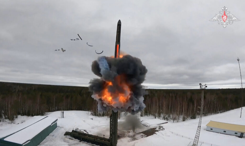 Putin hints at strikes on West in 'global' Ukraine war. A grab taken from handout footage released by the Russian Defence Ministry on March 1, 2024 purport to show the test firing of an ICBM belonging to the country's nuclear deterrence forces. |Photo by Russian Defence Ministry / AFP