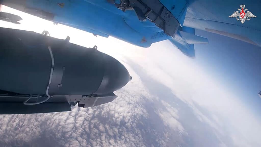 Russia launches massive aerial attack on Ukraine's energy sector, In this photo taken from video released by the Russian Defense Ministry on Thursday, Nov. 28, 2024, an Su-34 bomber of the Russian air force drops bombs on Ukrainian positions at an undisclosed location. | Russian Defense Ministry Press Service photo via AP