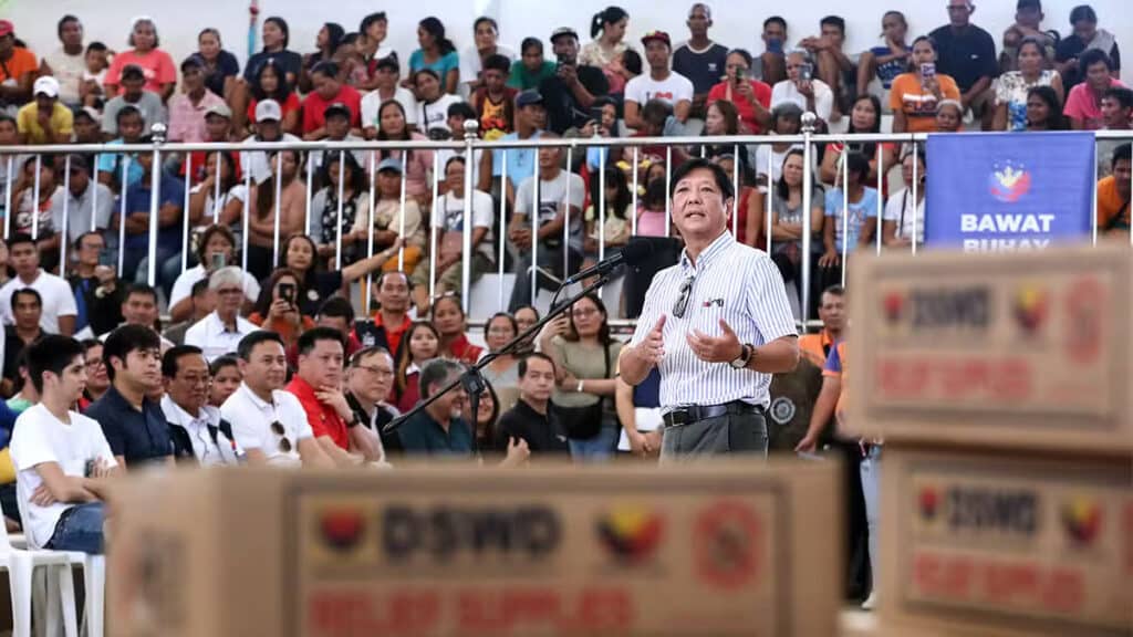 Christmas gifts: Let’s just send them to typhoon victims - Marcos. AS ‘NIKA’ APPROACHES President Marcos on Sunday leads the distribution of various aid packages to families in Buguey town in Cagayan, among the provinces worst hit by Typhoon Marce (international name: Yinxing). — File photo from the PRESIDENTIAL COMMUNICATIONS OFFICE