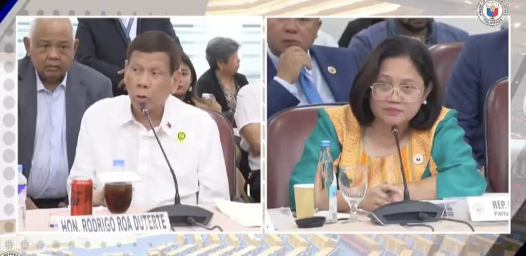 Duterte says he killed 6 or 7 people in Davao. Former President Rodrigo Duterte and Gabriela party-list Rep. Arlene Brosas at the House of Representatives quad committee hearing on Nov. 13, 2024.