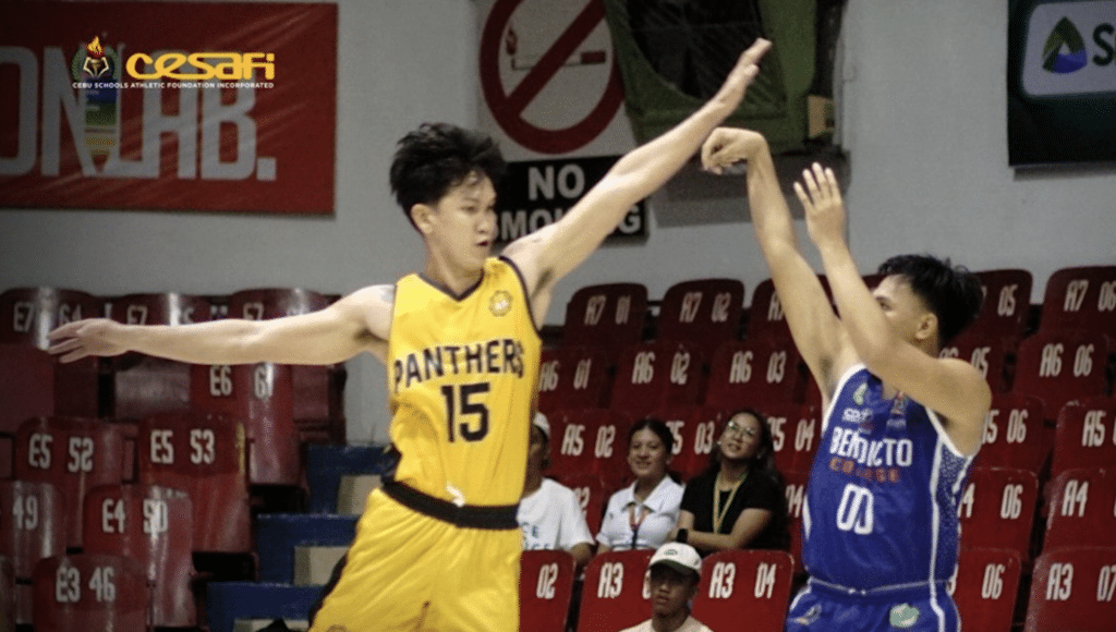 Cesafi: Benedicto College Cheetahs mangle USPF Panthers. Denrick Orgong of Benedicto College shoots a jumper while John Miguel Maglasang attempts to block the shot during their Cesafi Season 24 game. | Photo from Cesafi