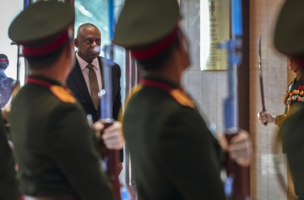 US Defense Secretary Lloyd Austin arrivesto attend the Association of Southeast Asian Nations (ASEAN) defense ministers' meeting in Vientiane, Laos, Thursday, Nov. 21, 2024