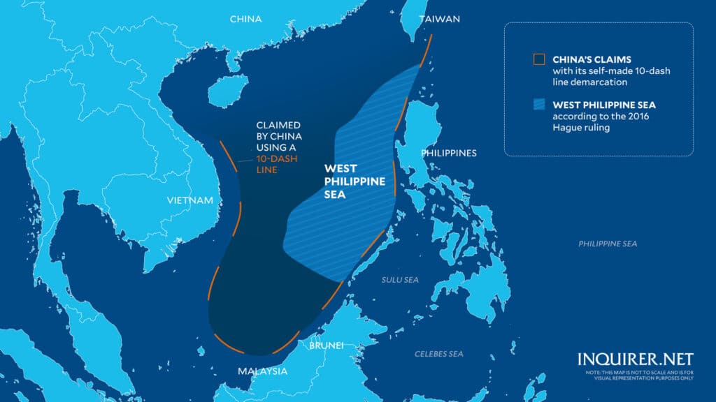 This map is not to scale and is for visual representation purposes only. – A new Philippine map that includes the West Philippine Sea (WPS) as part of its jurisdiction will be released soon, the National Mapping and Resource Information Authority (Namria) said Friday, November 8, 2024. Graphics by: Samuel Yap / INQUIRER.net