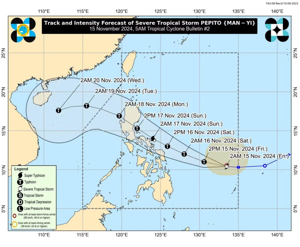 Severe Tropical Storm Pepito (international name: Man-yi) track and intensity forecast as of 5 a.m. on Friday, November 15, 2024. – Pepito further intensified and was nearing typhoon status early Friday morning, the Philippine Atmospheric, Geophysical and Astronomical Services Administration (Pagasa) said. The state weather agency also said Pepito will gain more strength to become a super typhoon by Saturday evening, November 16. It added that the weather disturbance may make landfall at peak intensity.. (Photo from Pagasa via Facebook)