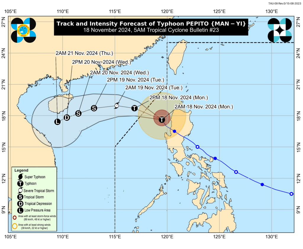 Pepito: Signal No. 3 up in parts of N. Luzon. In photo is a Storm track: Typhoon Pepito