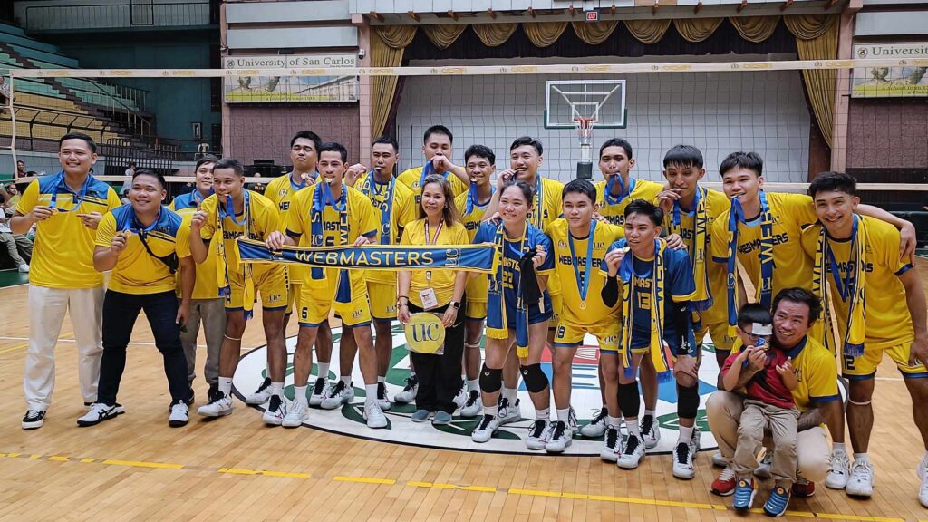 Cesafi men's volleyball: UC dethrones USJ-R in stunning finals upset. UC Webmasters players, coaching staff, and officials pose for a photo during the awarding. | Glendale Rosal