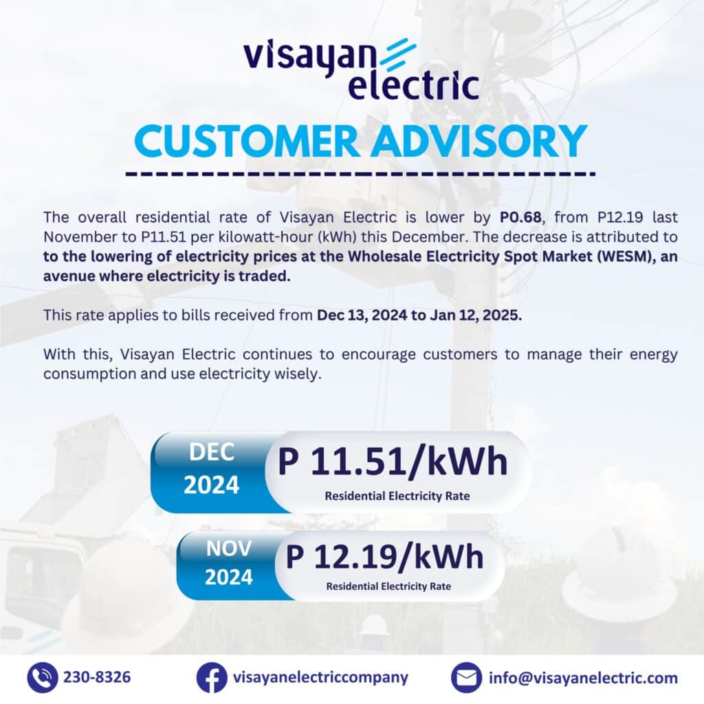 Visayan Electric Co. update: Residential rate down by P0.68/kWh for December 2024 to January 2025 billing