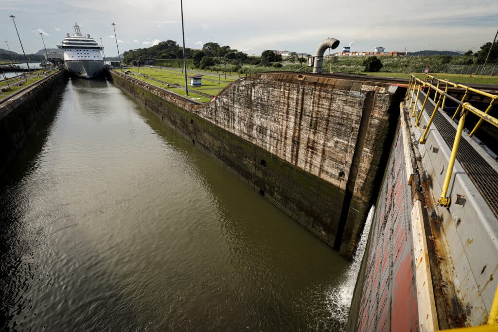 The cruise ship Brilliance of the Seas enters the Panama Canal's Miraflores Locks in Panama City on October 7, 2024. Photo by MARTIN BERNETTI / AFP