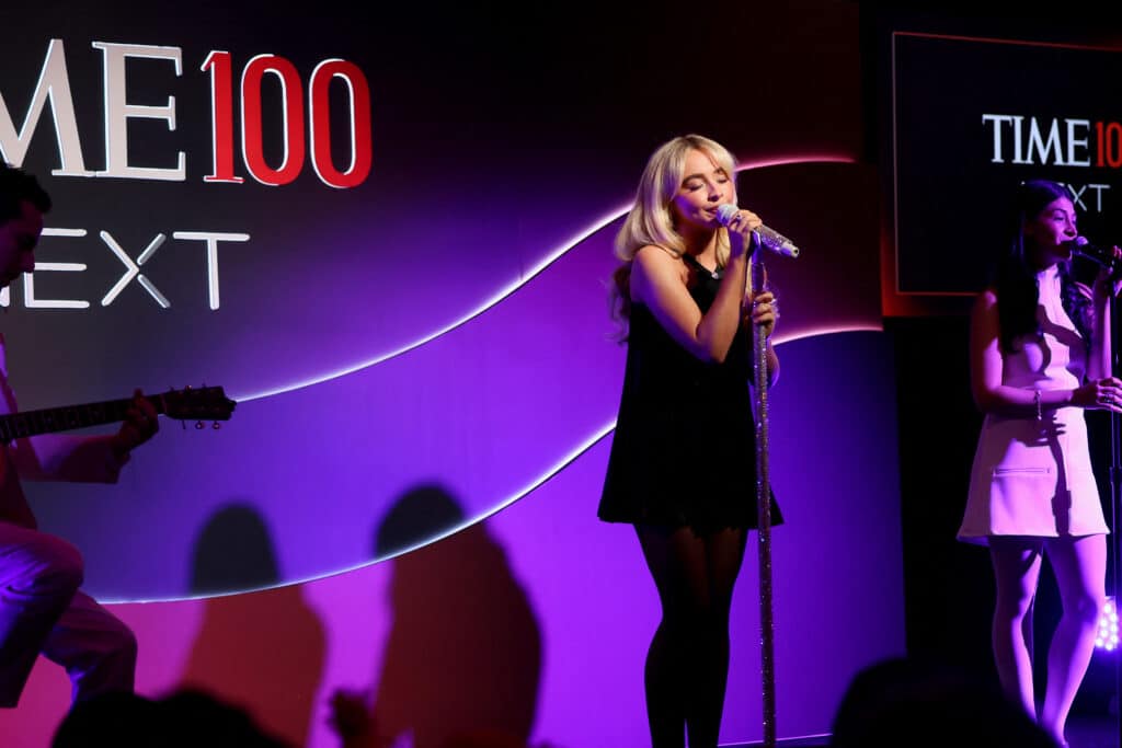 Sabrina Carpenter performs onstage during the 2024 TIME100 Next at Current at Pier 59 on October 09, 2024 in New York City. | Mike Coppola/Getty Images for TIME/AFP