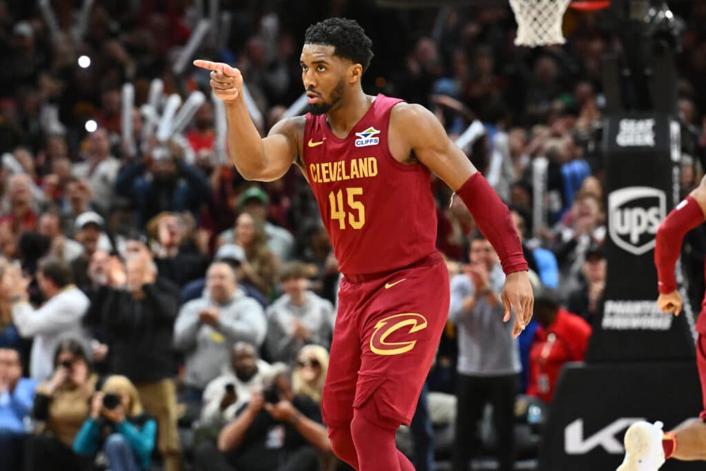 Donovan Mitchell #45 of the Cleveland Cavaliers celebrates during the fourth quarter against the Boston Celtics at Rocket Mortgage Fieldhouse on December 01, 2024 in Cleveland, Ohio. The Cavaliers defeated the Celtics 115-111. | Jason Miller/Getty Images/AFP