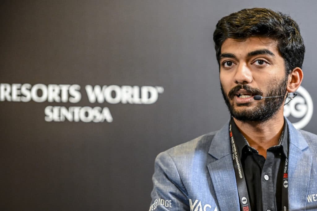 India's grandmaster Gukesh Dommaraju speaks during a press conference after winning against China's chess grandmaster Ding Liren in game 14 of the 2024 FIDE World Championship in Singapore on December 12, 2024. | Photo by Simon Lim / AFP