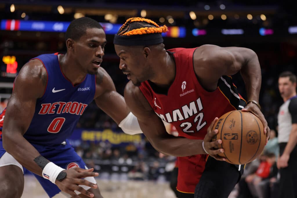 Jimmy Butler #22 of the Miami Heat plays against the Detroit Pistons at Little Caesars Arena on December 16, 2024 in Detroit, Michigan.| Photo by Gregory Shamus / Getty Images via AFP