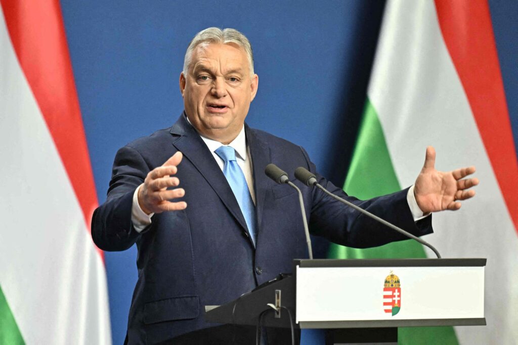 Hungarian Prime Minister Viktor Orban holds his annual press conference in the Carmelita monastery, the office of the Hungarian premier, in Budapest on December 21, 2024. (Photo by Attila KISBENEDEK / AFP)