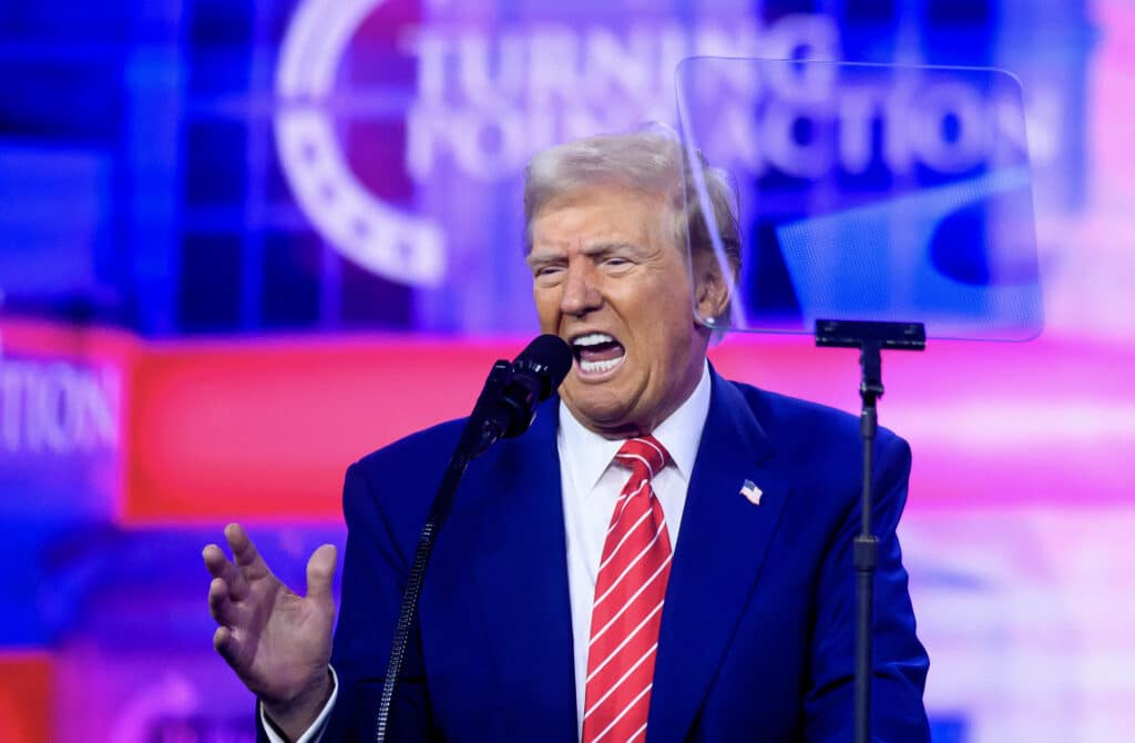 Trump vows to 'stop transgender lunacy' as a top priority. US President-elect Donald Trump speaks during Turning Point's annual AmericaFest 2024 in Phoenix, Arizona, on December 22, 2024. (Photo by JOSH EDELSON / AFP)