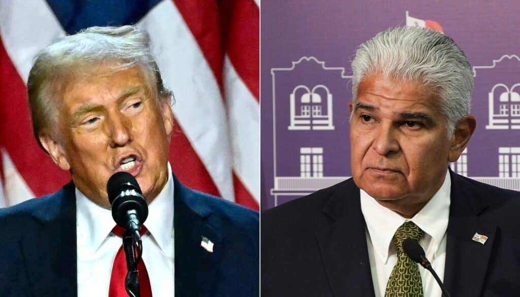 This combination of file pictures created on December 22, 2024 shows then former US President and Republican presidential candidate Donald Trump (L) during an election night event at the West Palm Beach Convention Center in West Palm Beach, Florida, on November 6, 2024, and Panama's President Jose Raul Mulino during a press conference on migration at the Presidential Palace in Panama City on December 19, 2024. |Photo by Jim WATSON and Armando ACEVEDO / AFP