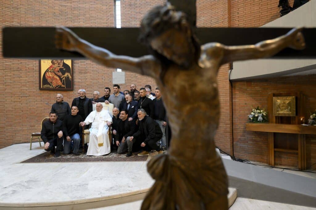 This photo taken and handout on December 26, 2024 by The Vatican Media shows Pope Francis during a mass after the opening of a Holy Door at Rebibbia Penitentiary on Saint Stephen day in Rome as part of the Catholic Jubilee Year. | Photo by Handout / VATICAN MEDIA / AFP