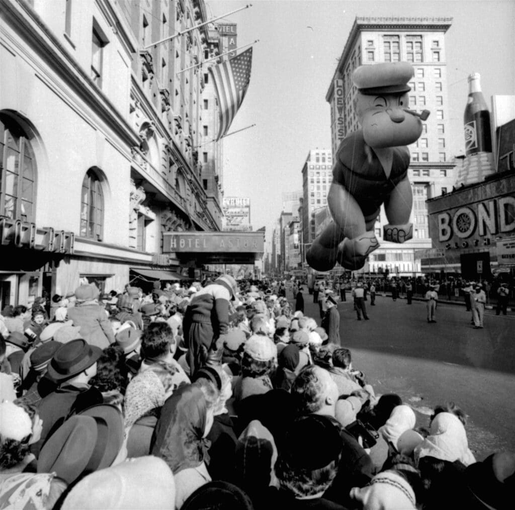 Popeye and Tintin enter public domain in 2025. In photo is a helium-filled Popeye balloon appearing in 33rd Macy's Thanksgiving Day Parade in New York on Nov. 26, 1959. (AP Photo/File)