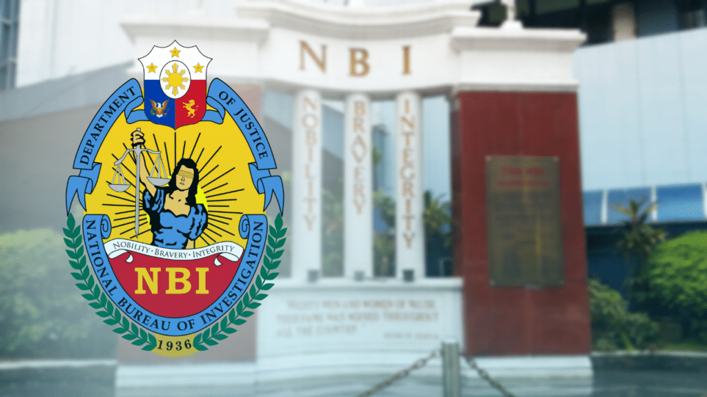 Uranium, over 100 kilos, seized in Mandaue, Pasay, CDO. In photo is the NBI logo over a shot of the facade of its headquarters