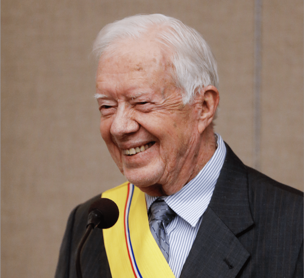 FILE - Former President Jimmy Carter addresses the audience after being awarded the Order of Manuel Amador Guerrero by Panamanian President Juan Carlos Varela during a ceremony at the Carter Center in Atlanta, Jan. 14, 2016. The award, named for Panama's first president, recognizes distinguished people in the areas of politics, science and the arts. (AP Photo/John Bazemore, File)