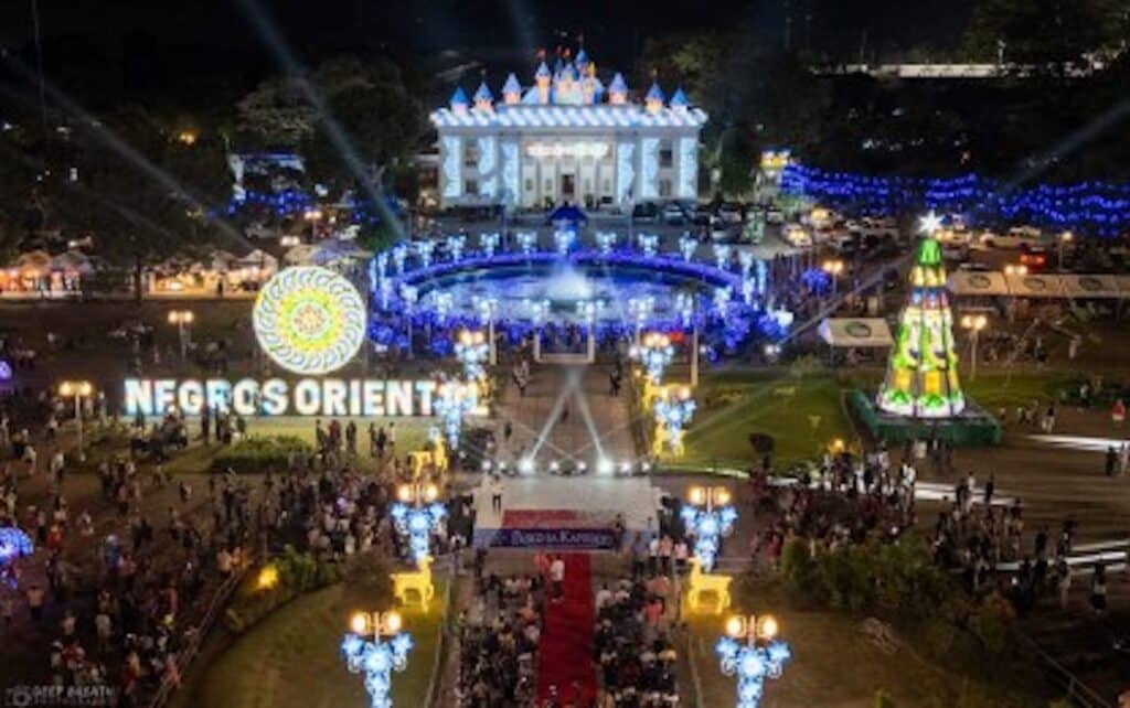 Fire destroys Christmas tree at Dumaguete Freedom Park. FESTIVE SEASON. The Ninoy Aquino Freedom Park and the capitol in Dumaguete City, Negros Oriental is well-lighted for the Christmas season. The giant Christmas tree (right side of fountain) was destroyed by fire of unknown origin close to midnight Saturday (Dec. 28, 2024). (Photo courtesy of Woodrow Maquiling Jr. Facebook)