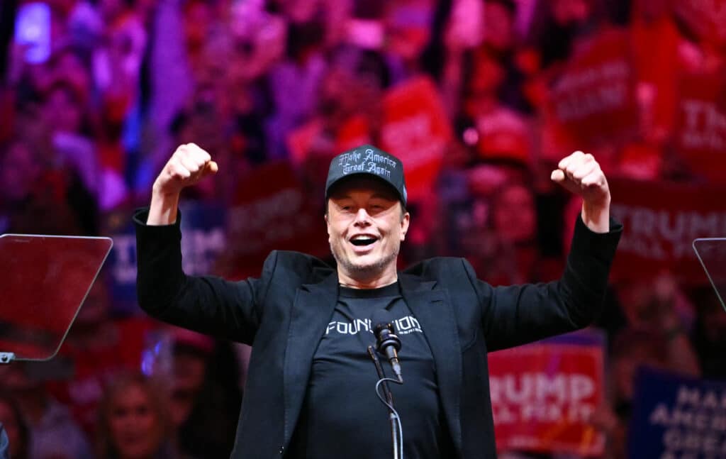 Musk helped Trump win, eyes Europe, alarms many politicians. In photo is Tesla and SpaceX CEO Elon Musk gesturing as he steps on stage during a rally for former US President and Republican presidential candidate Donald Trump at Madison Square Garden in New York, October 27, 2024. | Photo by ANGELA WEISS / AFP