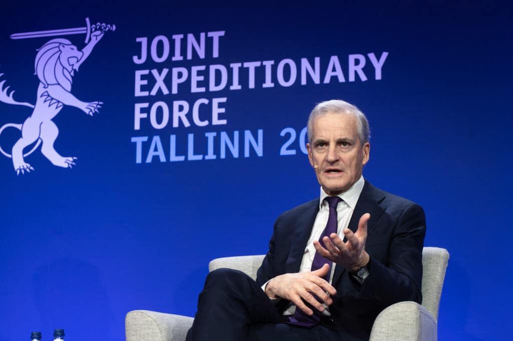 Norway's Prime Minister Jonas Gahr Støre takes part in the Leaders' Public Debate Panel during the JEF Leaders' Summit on December 16, 2024 in Tallinn, Estonia. | Photo by Marko Mumm / AFP