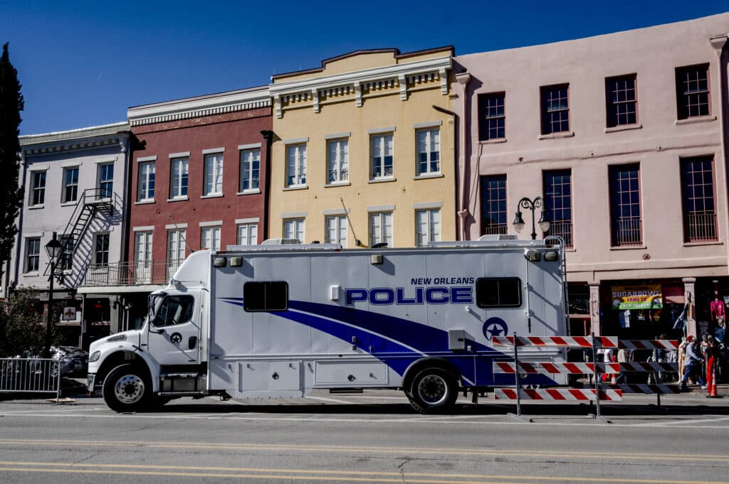 The French Quarter, near Bourbon Street is blocked off late morning with a heavy police and FBI presence after a Terrorist attack early in the morning in New Orleans, Louisiana, on January 1, 2025. | Photo by Emily KASK / AFP