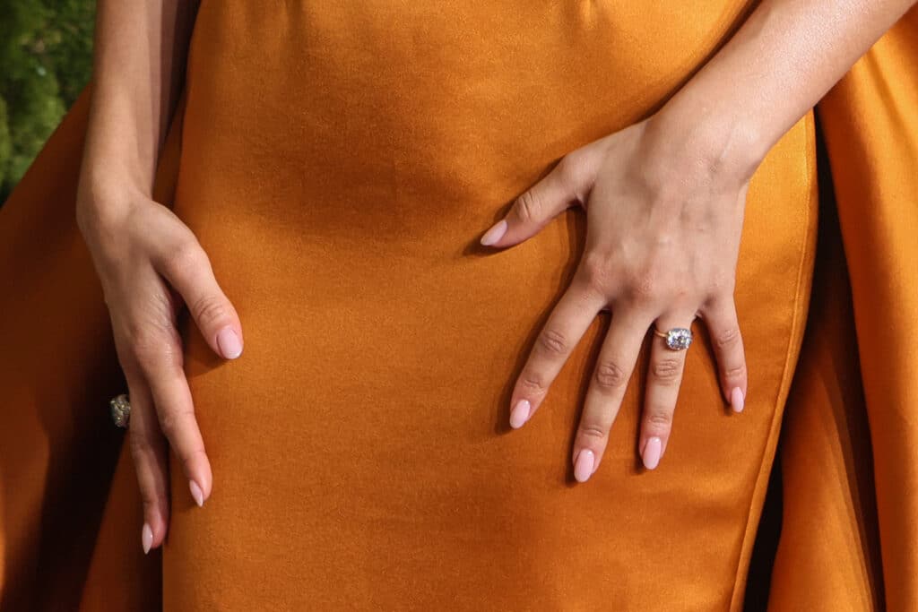 A detail view of US actress, singer Zendaya's ring as she arrives for the 82nd annual Golden Globe Awards at the Beverly Hilton hotel in Beverly Hills, California, on January 5, 2025. (Photo by ETIENNE LAURENT / AFP)