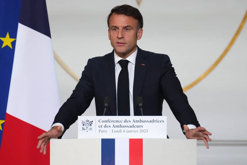 In photo is French President Emmanuel Macron deliverinv his speech to French ambassadors posted around the world, on January 6, 2025 at the Elysee Palace in Paris. (Photo by Aurelien Morissard / POOL / AFP)