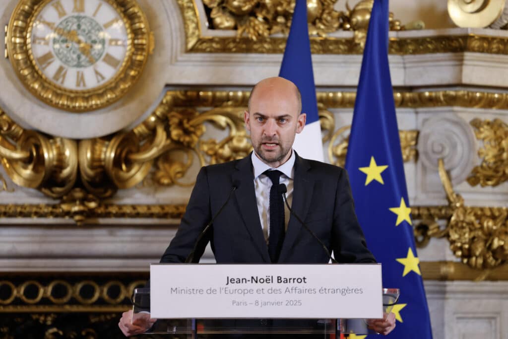 French Minister for Europe and Foreign Affairs Jean-Noel Barrot delivers remarks after  meeting with the US Secretary of State at the Quai d'Orsay in Paris, on January 8, 2025. | Photo by Ludovic MARIN / POOL / AFP