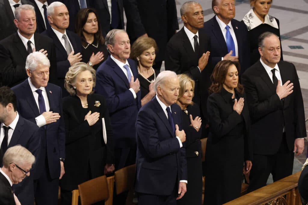 Former U.S. Vice Presidents Al Gore (from left) and Mike Pence, Karen Pence, former U.S. President Bill Clinton, former Secretary of State Hillary Clinton, former U.S. President George W. Bush, Laura Bush, former U.S. President Barack Obama, U.S. President-elect Donald Trump, Melania Trump, U.S. President Joe Biden, first lady Jill Biden U.S. Vice President Kamala Harris and second gentleman Doug Emhoff attend the state funeral for former U.S. President Jimmy Carter at Washington National Cathedral on January 09, 2025 in Washington, DC. | Chip Somodevilla/Getty Images/AFP 