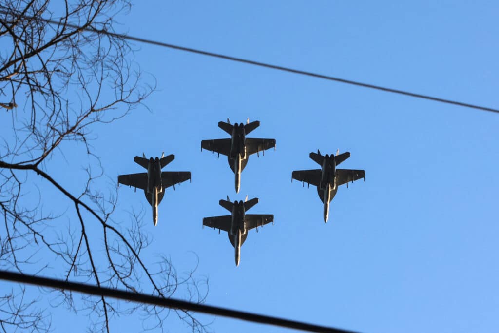 The US Navy conducts a Missing Man flyover in honor of US President Carter during his funeral in Plains, Georgia, US, on January 9, 2024. Carter was the 39th US President and died at the age of 100 on December 29, 2024 at his home in Plains, Georgia. (Photo by Alex Wroblewski / AFP)